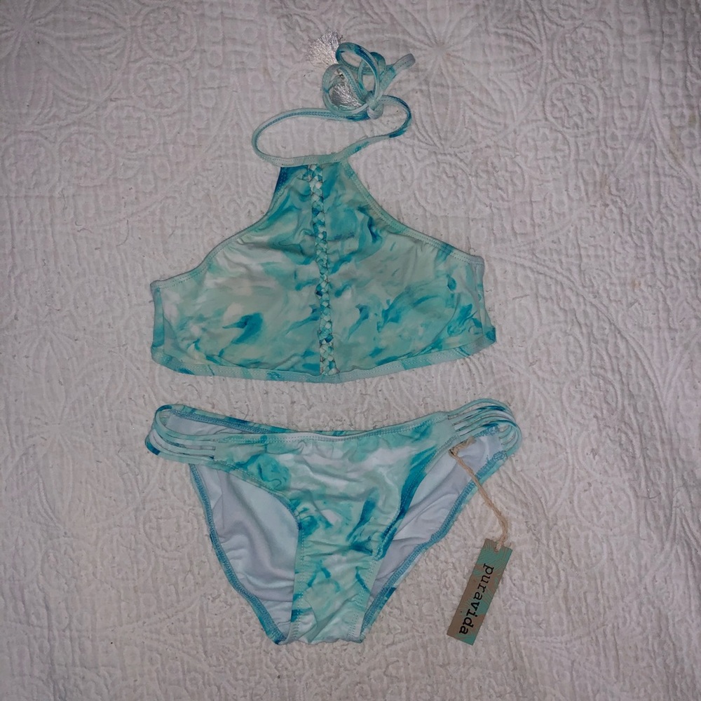 Tie Dye Blue High Neck Bikini Set